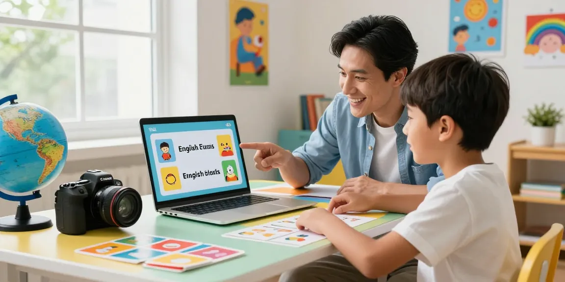 Engaging English online for kids lesson with a tutor and student in a bright room, showcasing interactive learning.