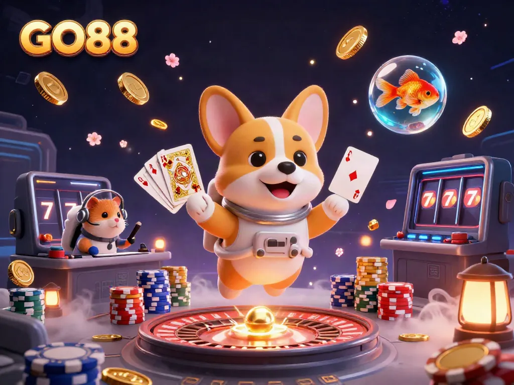 Experience thrilling moments at GO88 with cartoon characters in a vibrant casino scene.