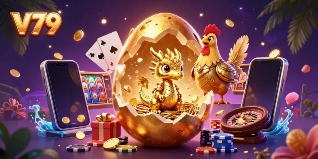 Experience the excitement of V79 with a golden dragon and casino elements bursting with color.