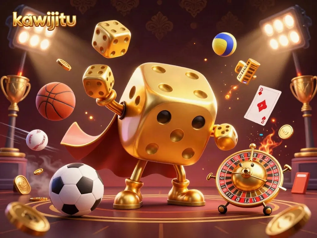 Experience thrilling gaming action with kawijitu's vibrant 3D illustration of golden dice and sports elements.