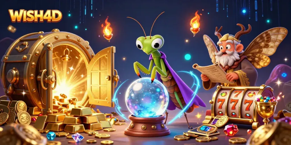 Experience gaming excitement with WISH4D's vibrant 3D casino illustration showcasing fortune tellers and treasures.