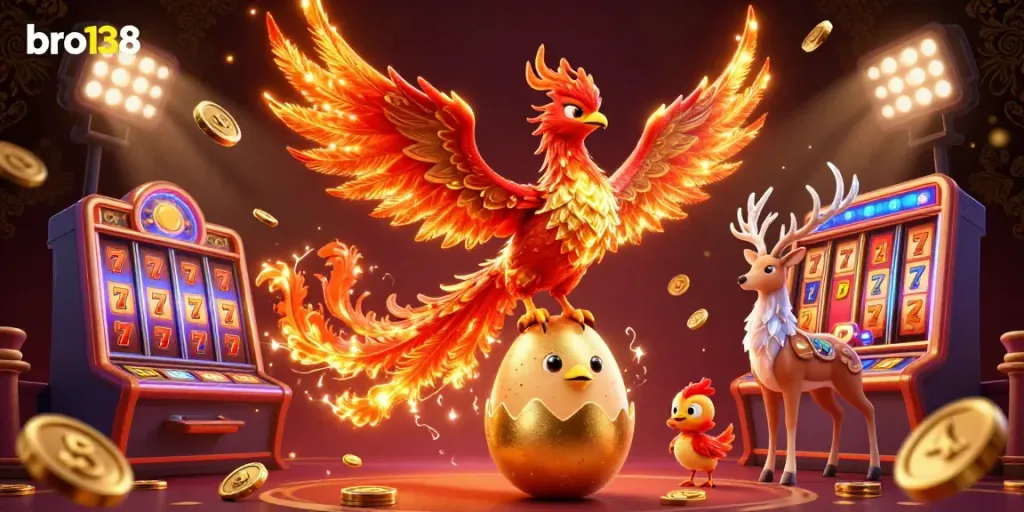 Experience the thrill of bro138 with 3D phoenix and casino elements like slot reels and gold coins.