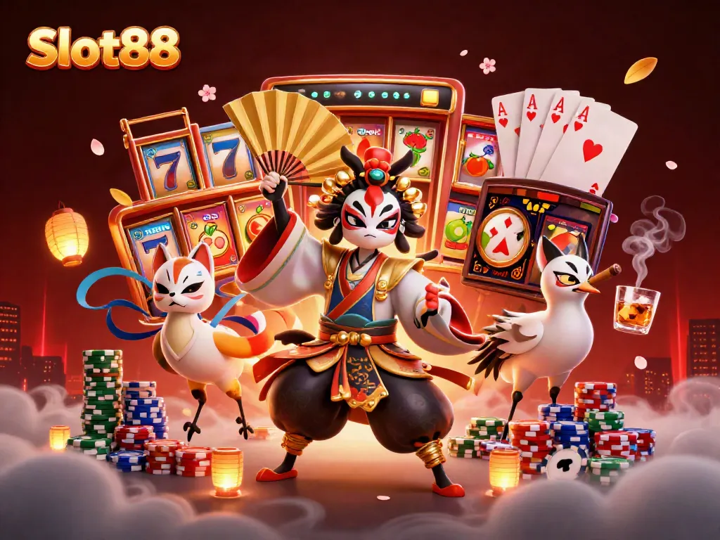 Experience Slot88's vibrant essence through a 3D illustration showcasing kabuki characters and dynamic slot elements.