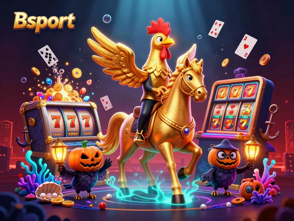 Experience thrilling casino action with Bsport's golden rooster riding through a vibrant midnight scene.
