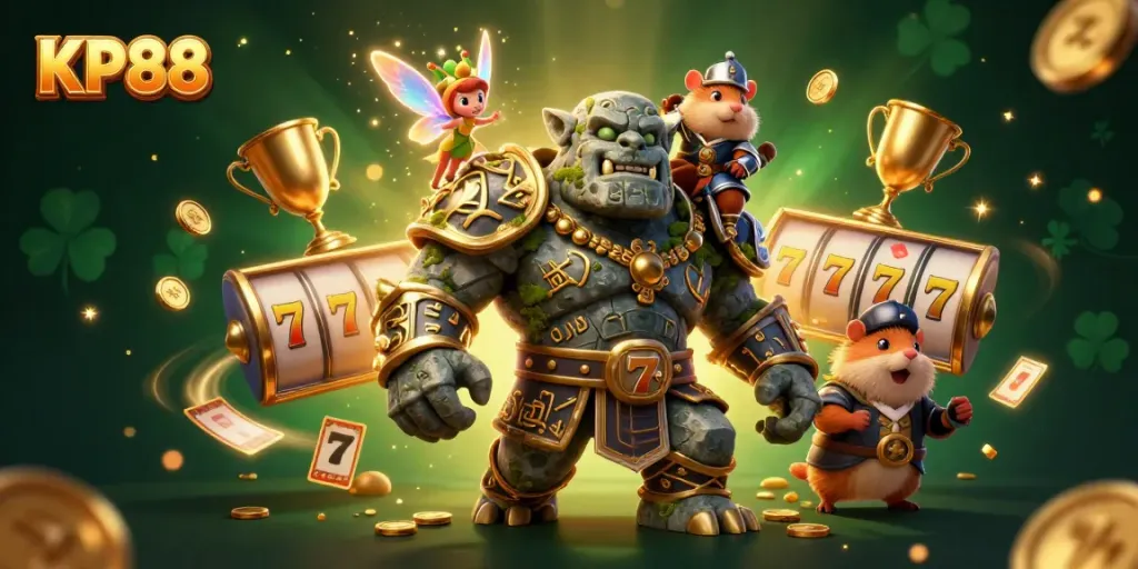 Engage in thrilling gameplay at KP88 with vibrant characters amidst a rich casino atmosphere.