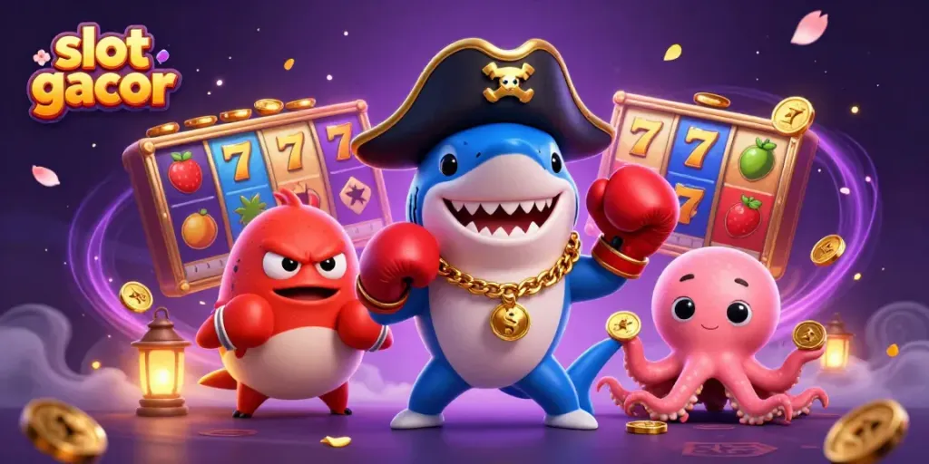 Engage with the vibrant slot gacor scene featuring a pirate shark, pufferfish, and octopus surrounded by exciting game elements.