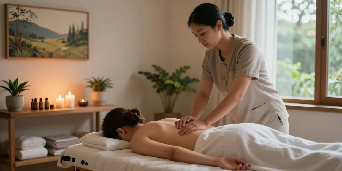강동구출장마사지 session with a peaceful atmosphere in a wellness room, featuring therapist and calming decor.