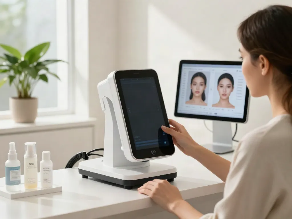 Woman checking alternatives to QOVES in a modern beauty clinic.