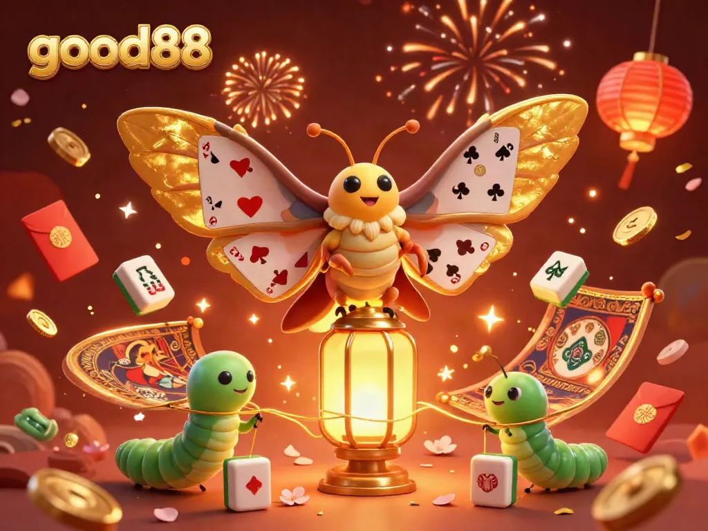 Spin the reels and enjoy thrilling moments at good88, a vibrant 3D casino illustration featuring a golden moth and festive elements.
