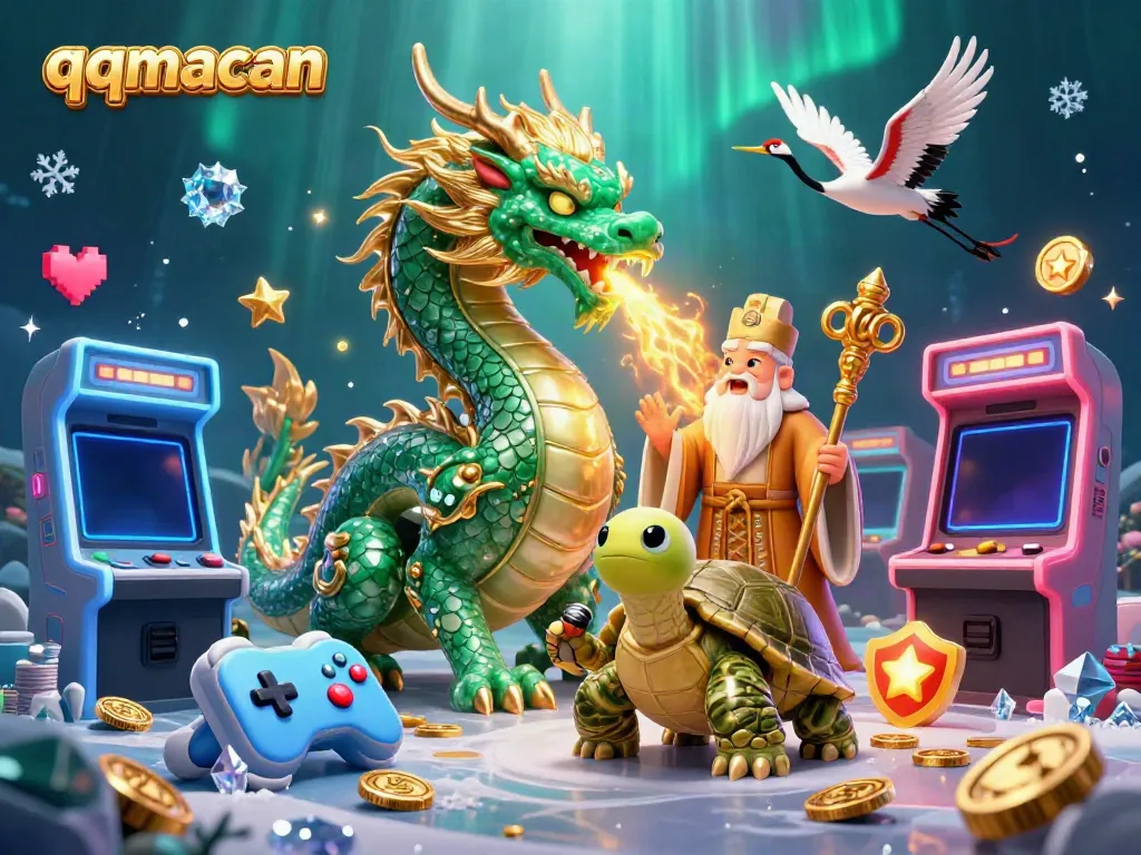 Engage with the dynamic energy of qqmacan's vibrant gaming world, featuring a jade dragon and wise turtle amidst arcade elements.