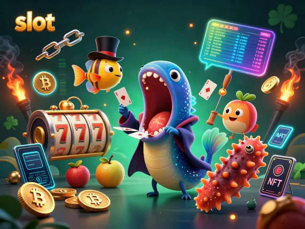 Slot bertema sulap dengan cetakan kartun karakter laut menunjukkan trik sambil dikelilingi elemen permainan slot.