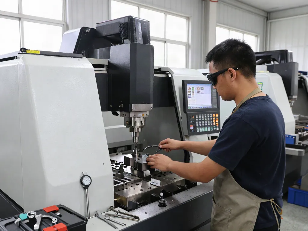 CNC machining parts manufacturer in action, machinist precision operating CNC milling machine with tools.