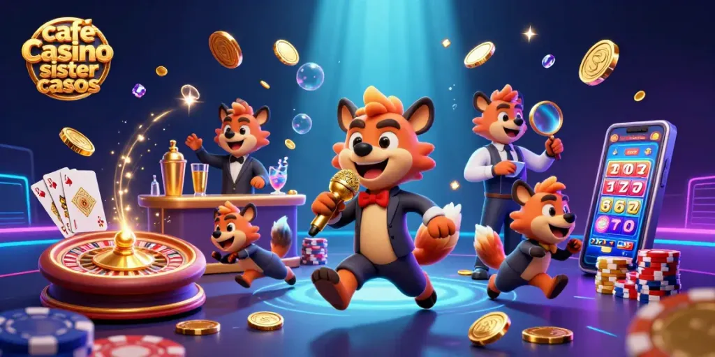 Cascading coins and vibrant scenes in a lively illustration of cafe casino sister casinos with hyenas at their comedy club.