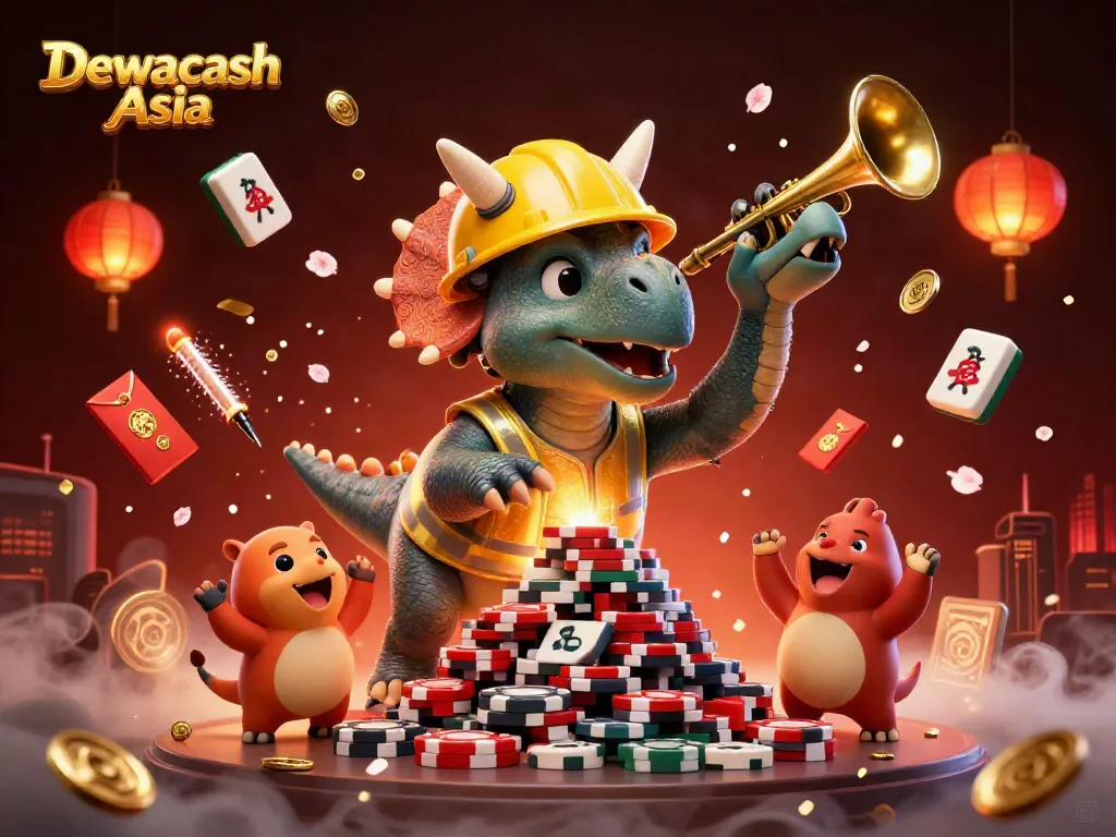 Dewacash Asia brings excitement with a lively scene of a triceratops building poker chips amidst festive elements.