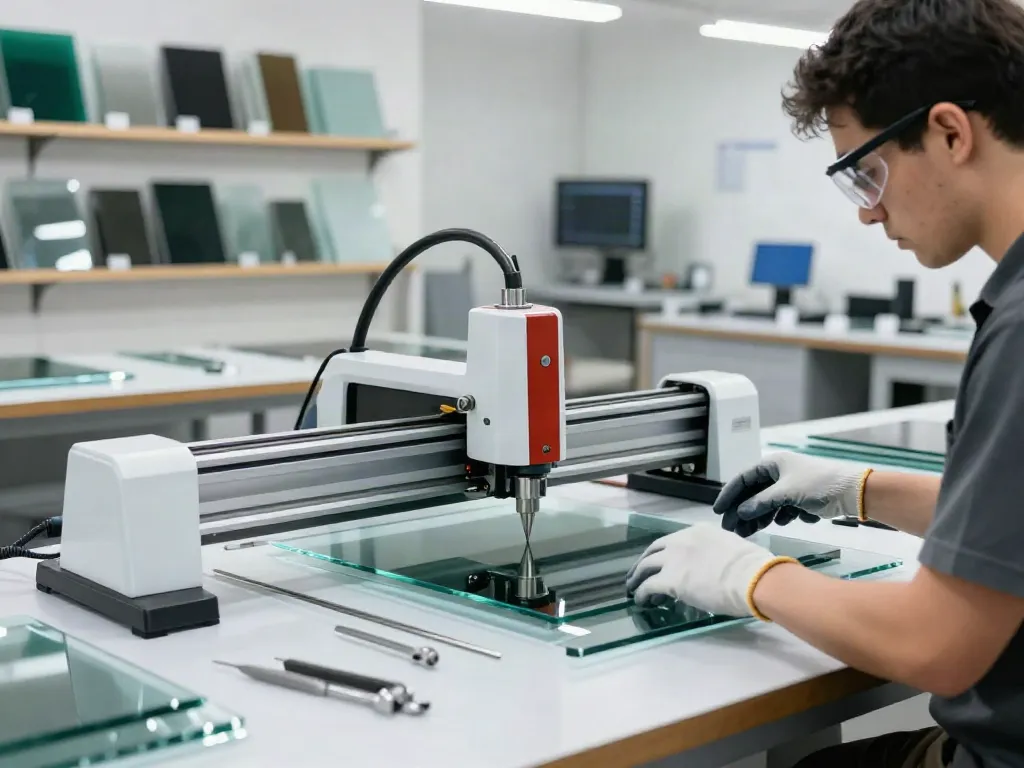 Expert glass cutting machine supplier at work in a bright, modern workshop.