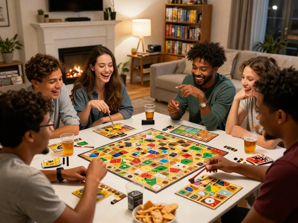Sildenafil board game night with friends enjoying strategic games in a cozy living room atmosphere.