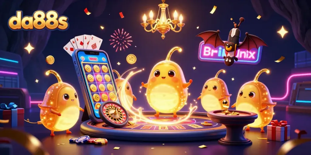 Experience winning thrills with da88s as glowworms illuminate a vibrant cave casino environment.