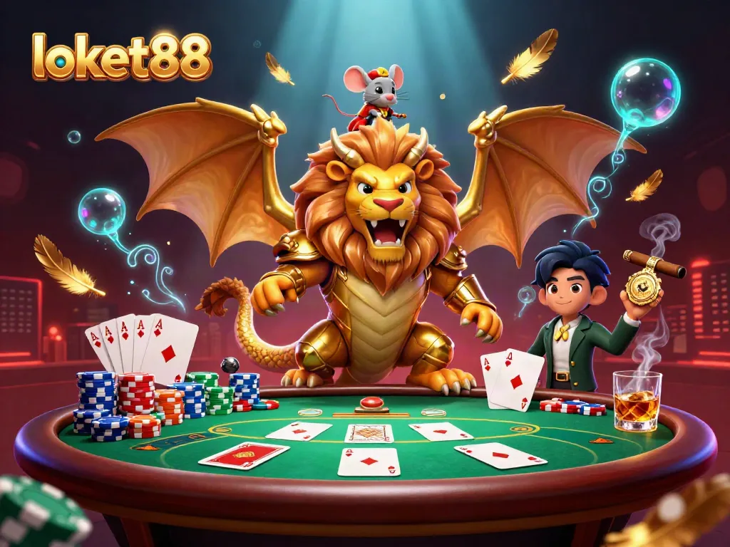 Experience loket88's vibrant poker scene with a triumphant chimera and Mouse as the dealer.