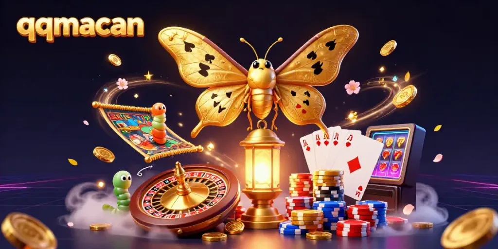 Experience the thrill of QQMacan with gold coins, vibrant casino elements, and a dazzling moth in a magical setting.
