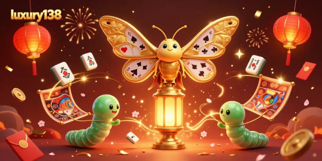 Experience exhilarating gameplay with luxury138 through vibrant casino scenes featuring cards, coins, and moths.