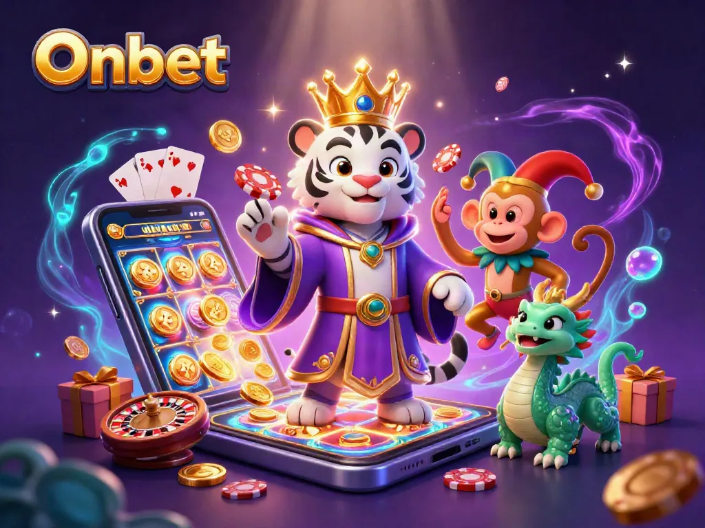 Engage with Onbet's vibrant casino scene featuring a tiger, monkey, and lively game elements.