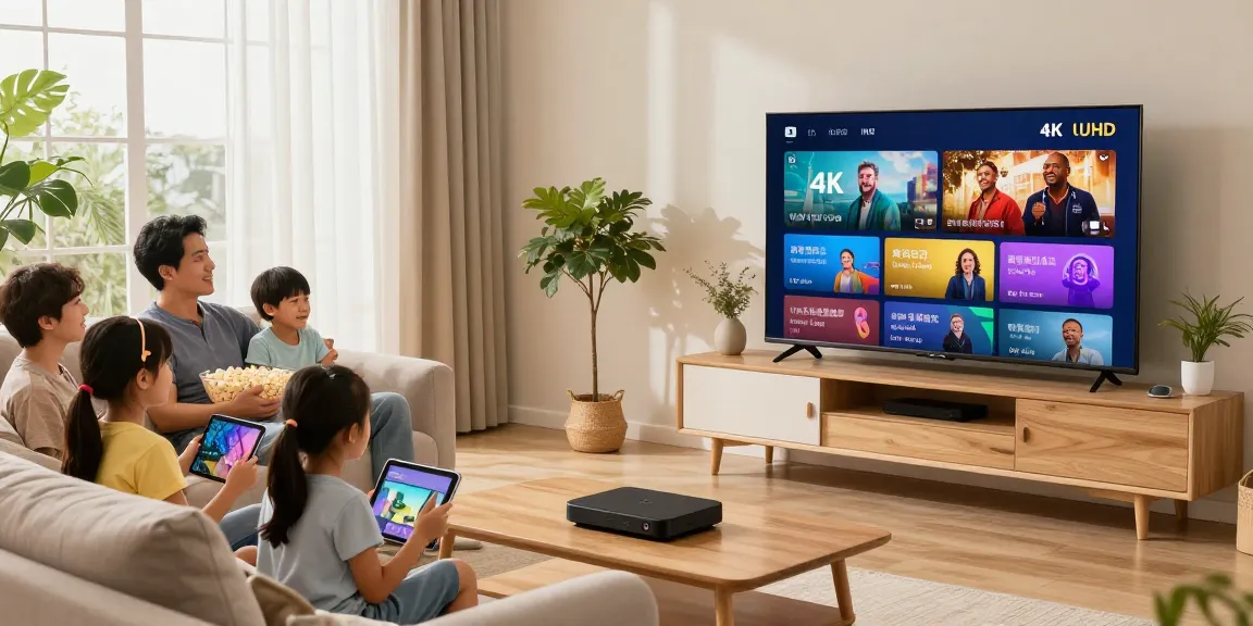 Gezin geniet van Hakuna IPTV in 4K-kwaliteit in een gezellige woonkamer.
