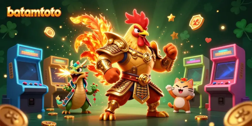 Engage with batamtoto's dynamic gaming scene featuring a rooster warrior, dragon hatchling, and fortune cat under arcade lights.