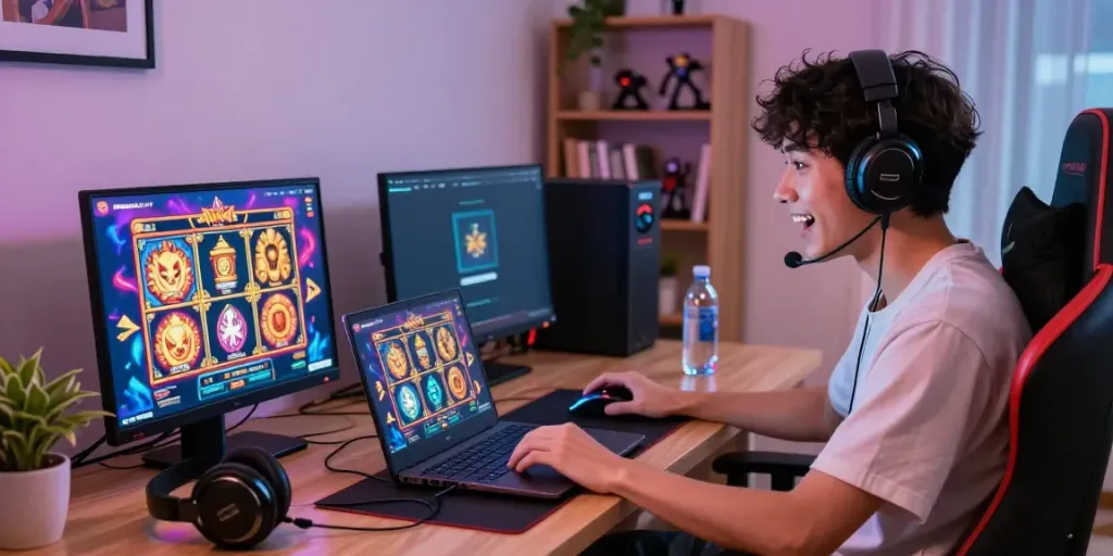 Player enjoying PESGSLOT online slots in a cozy living room, showcasing vibrant graphics.