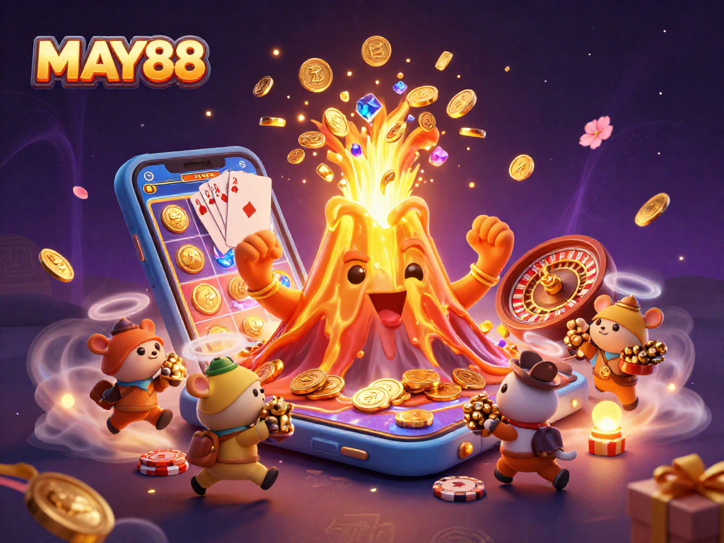 MAY88 showcases an enchanting 3D scene of a golden volcano erupting coins, representing winning excitement.