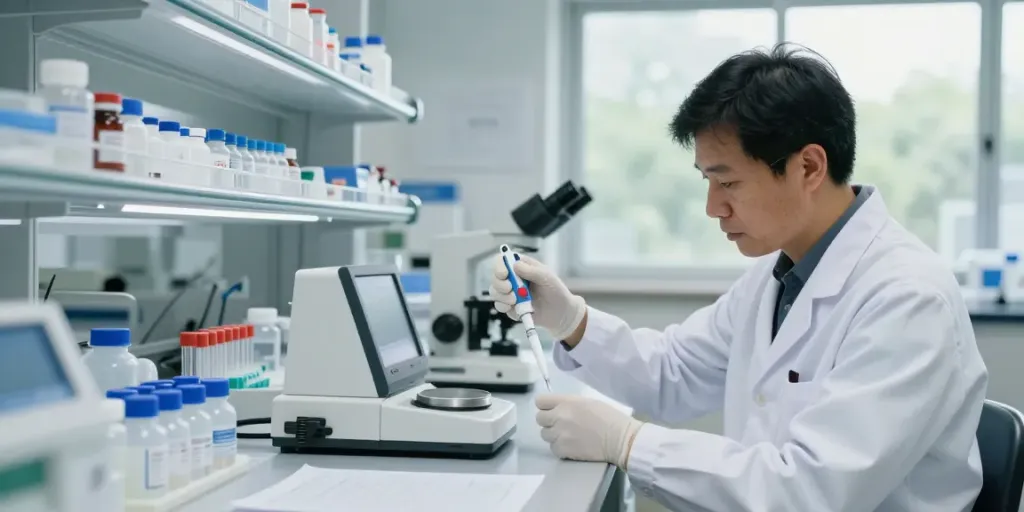 Scientist measuring semax/selank blend peptides in a modern lab.