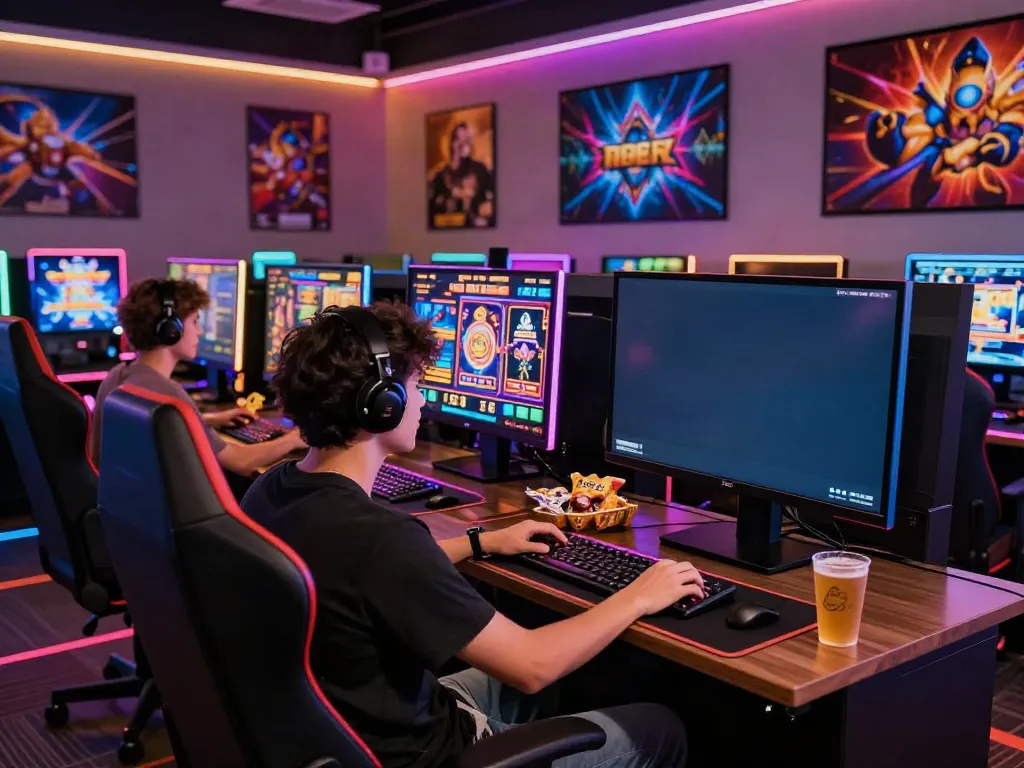 Player enjoying an immersive สล็อต gaming experience at a stylish setup with vibrant LED lights.