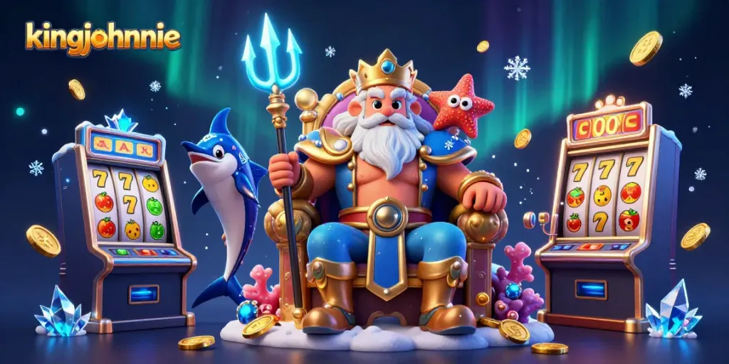Engage with kingjohnnie in a vibrant casino scene featuring interactive slot machines and sparkling gems.