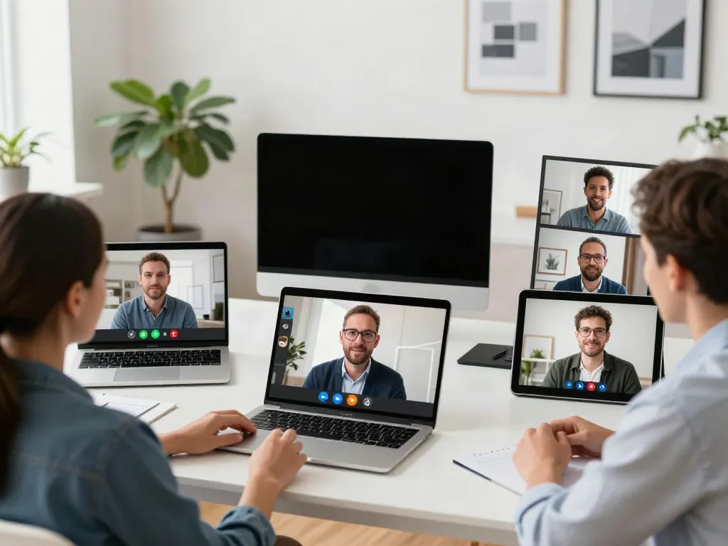 Deepfake free meetings showcasing diverse team collaboration in a virtual conference.