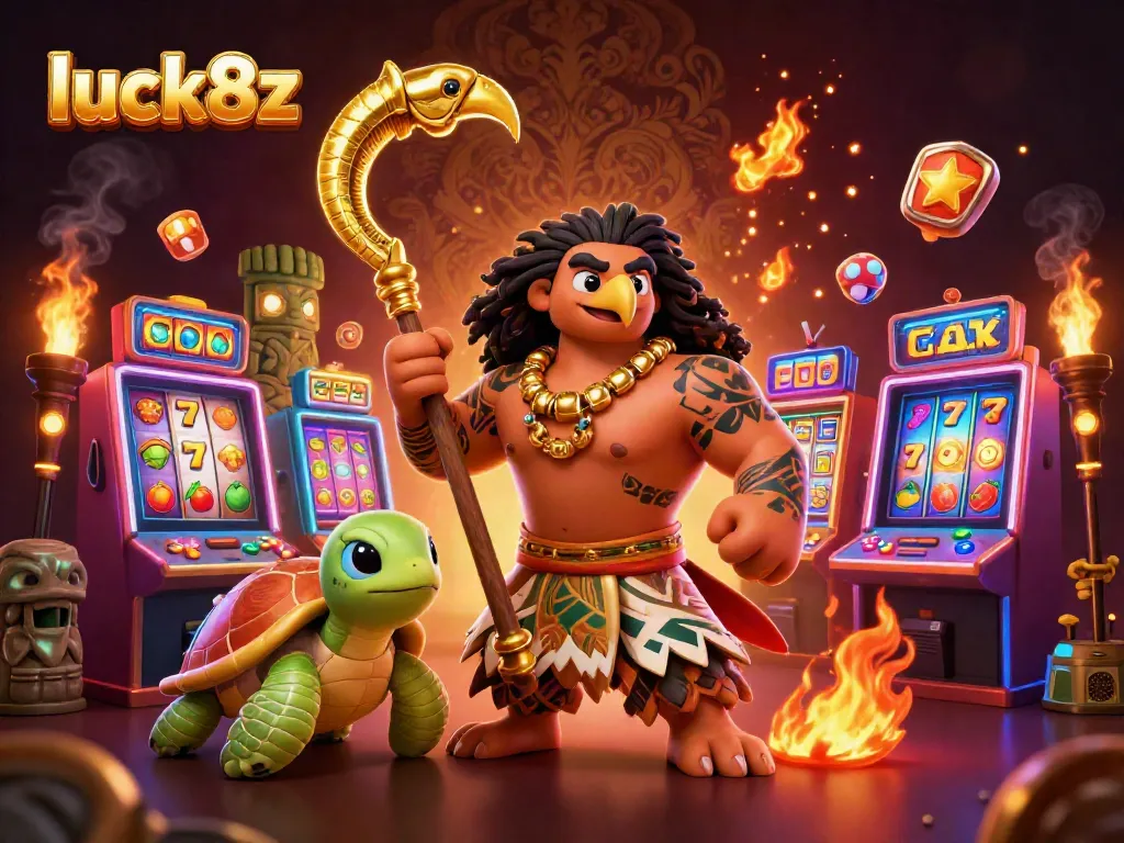 Spin to win with luck8z in a vibrant casino adventure featuring a demigod hawk and turtle.