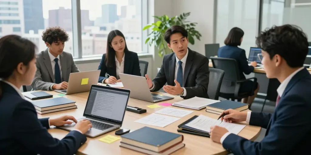 Finding immigration attorney in a welcoming law firm office setting with attentive attorneys and clients.
