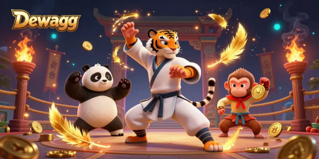 Dewagg showcases a vibrant gaming scene with a kung fu tiger, panda disciple, and a mischievous monkey among golden coins.
