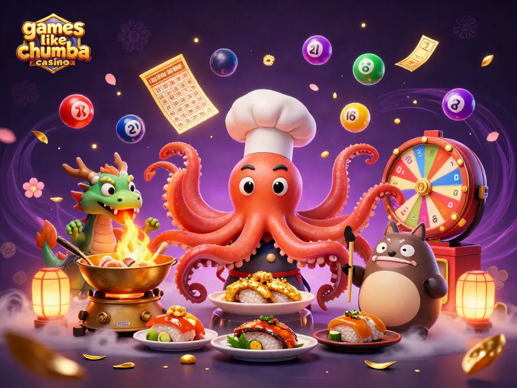 Play exciting games like Chumba Casino with an illustration of vibrant lottery elements and a dynamic casino scene.