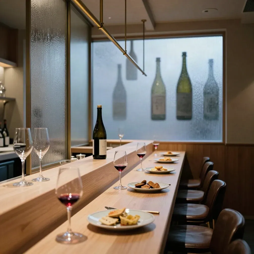 Narrow Tokyo wine bar at blue hour with stemware, snack plates, frost glass, and brass details.