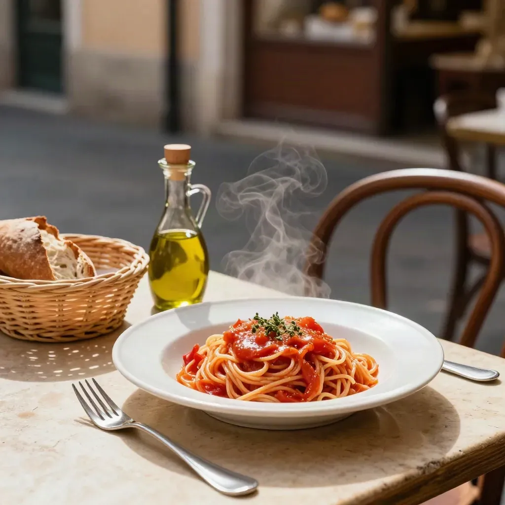 Roman trattoria table with tomato pasta, olive oil, bread basket and bentwood chair in warm daylight.