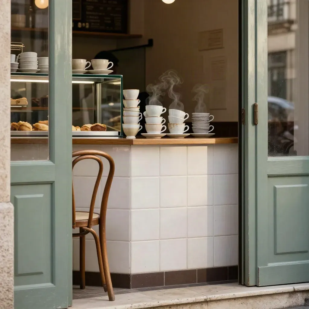 Lisbon café doorway with cups, pastry case, and a lone chair in warm late-day light