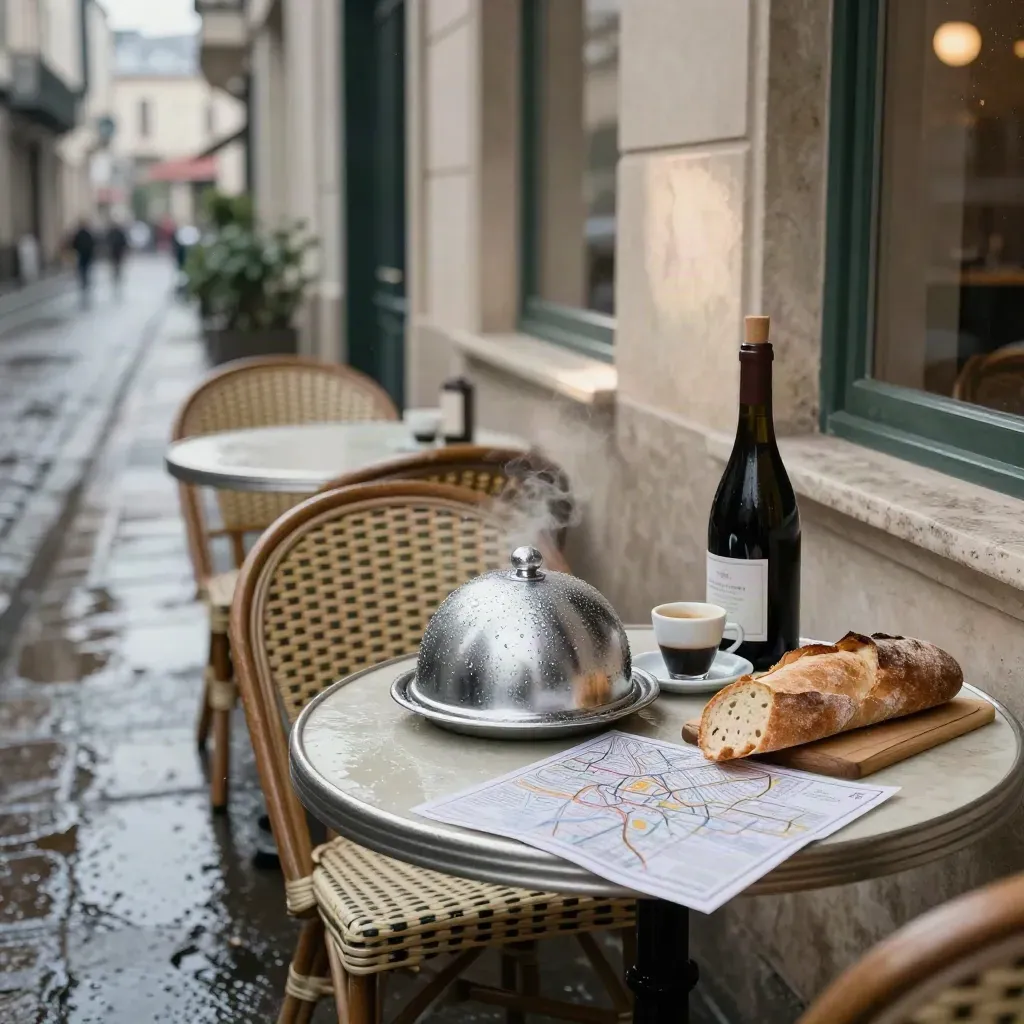 Rain-fresh bistro terrace with cloche, espresso, bread and wine by a wet street.