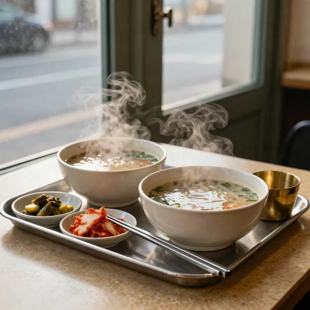 Steam rises over Seoul bistro soup bowls with chopsticks and side dishes on a tray.