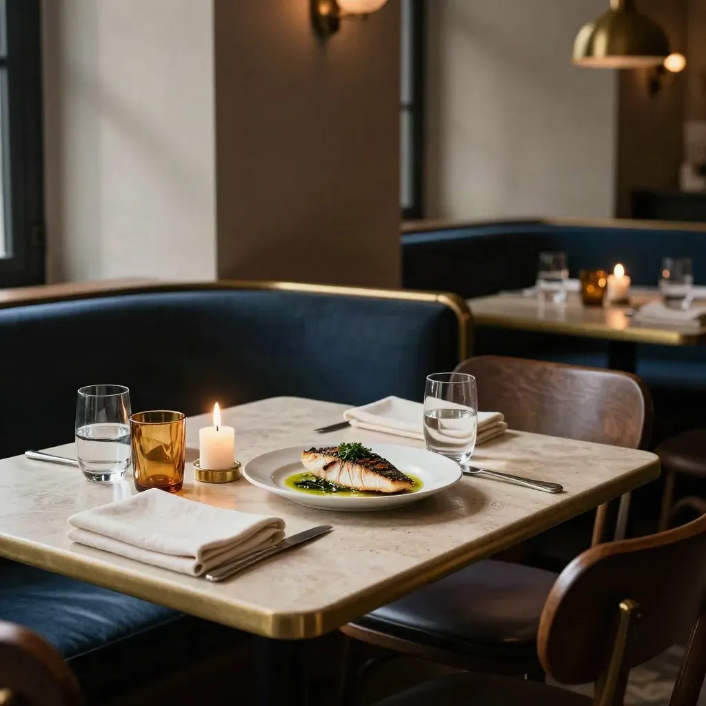 Late-night bistro booth with candlelit glasses, fish plate, and folded linen in a moody dining room.