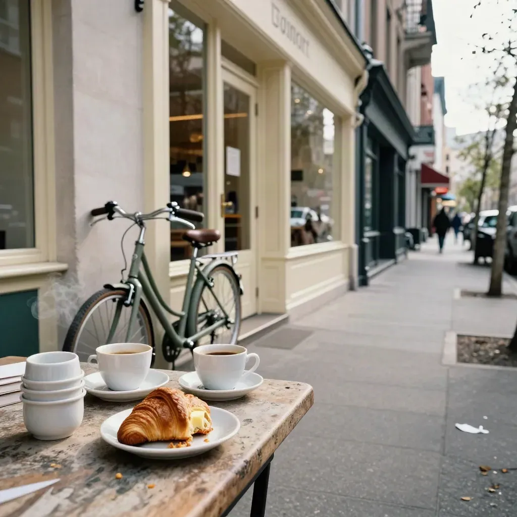 Montreal café street with cups, croissant, sage bicycle, and pale storefronts