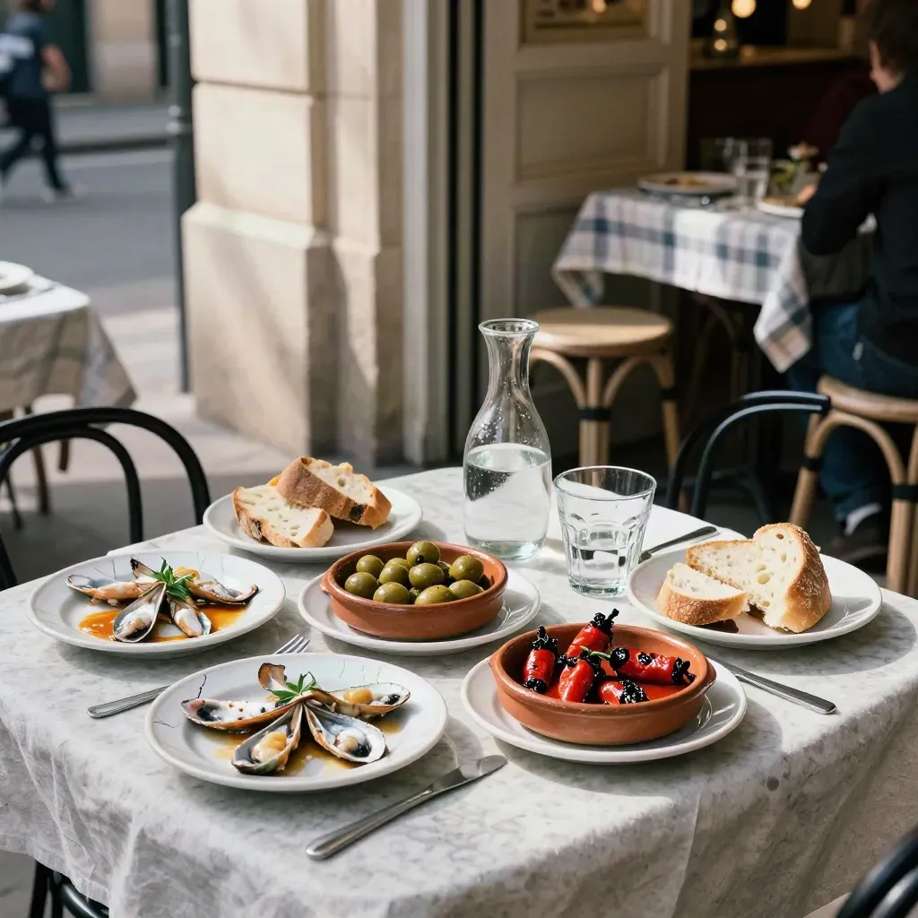 Barcelona tapas terrace with checked cloth, terracotta plates, and motion by a bright doorway.