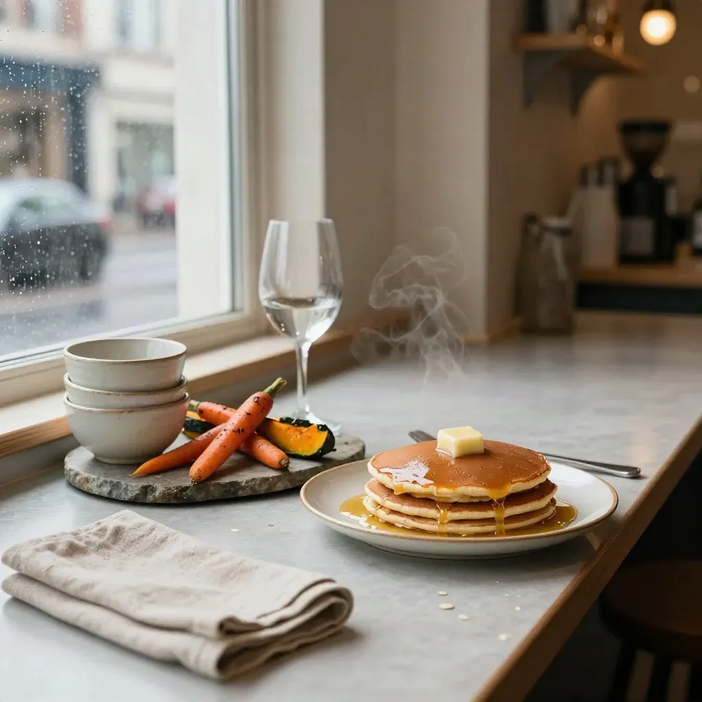Portland brunch counter with cream ceramics, wine carafe, roasted vegetables, and pancakes by rainy glass.