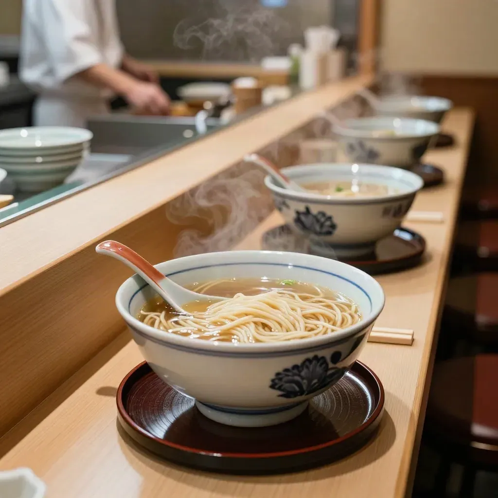 Steaming noodle bowl lands on a Tokyo counter with glass reflections and stacked stools.