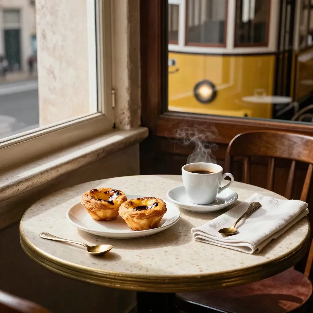 Lisbon café table with pastel natas, espresso, and a yellow chair reflected in the window.