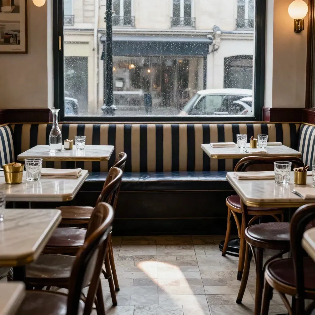 Paris bistro dining room with marble tables, striped banquette and rain-lit window