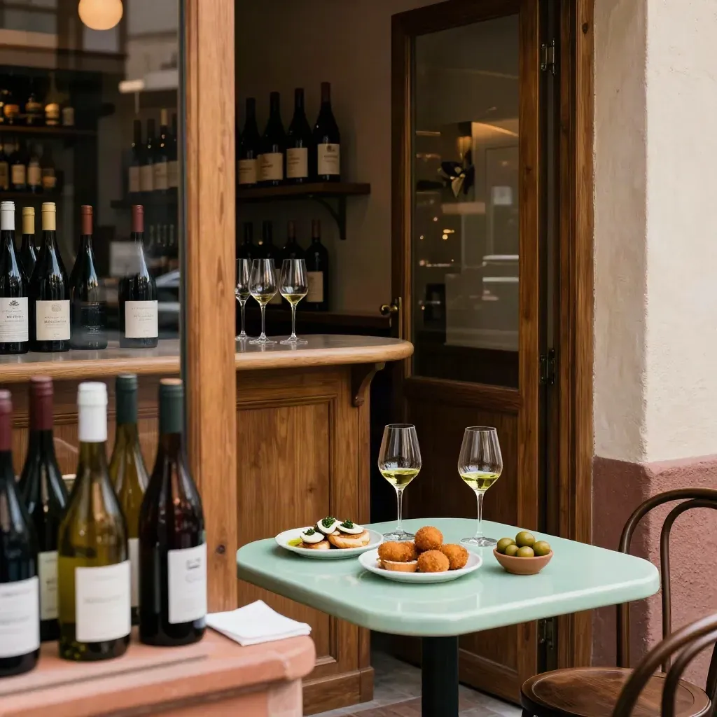Barcelona wine bar with tapas, bottle silhouettes, and a glowing doorway table.